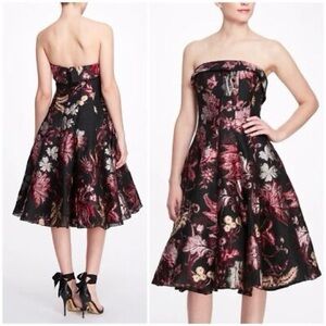 Marchesa Black Strapless Floral Jacquard Fit-and-Flare Dress